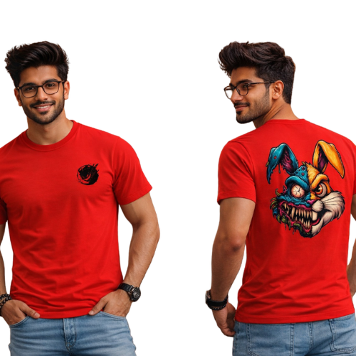 Psycho Rabbit Monster Graphic T-Shirt for Men – Streetwear Horror Bunny Print Red Tee